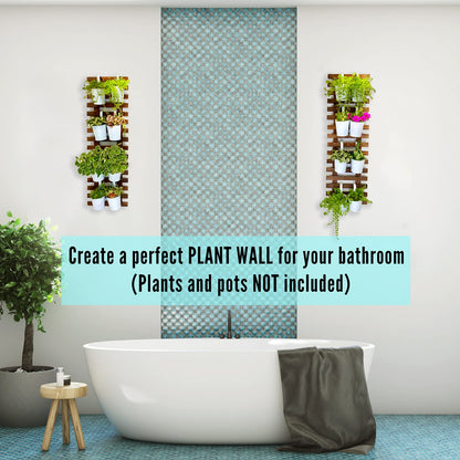 ShopLaLa Bundle- 2 Pack, 35.4 Wooden Plant Holder + 10 Pack, 4 Inch White Self Watering Plastic Pots Large Unique Modern Vertical Wall Mount Hydroponic Garden System Outdoor Planter Dark Brown Decor