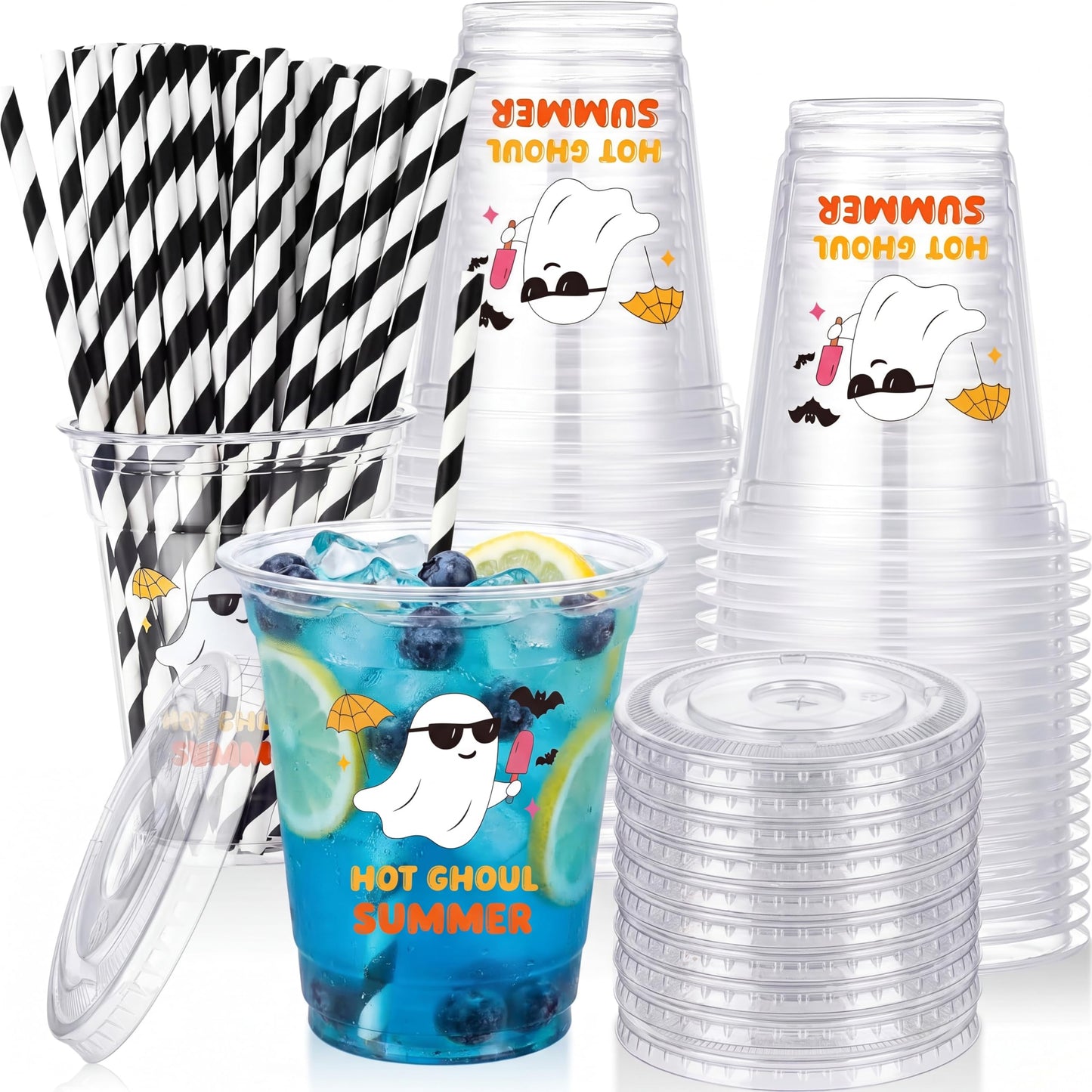 Vesici 60 Pcs Summer Party Disposable Plastic Cups with Straws 12oz Cute Ghost Clear Party Cups with Lids Hot Summer Ghoul Halloween Drinking Glasses Supplies for Birthday BBQ Bachelorette Pool