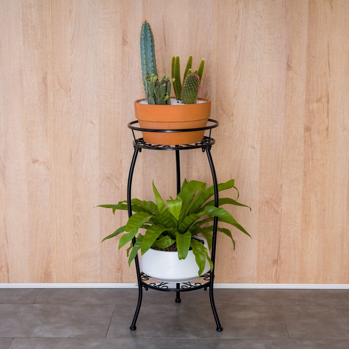 FaithLand 2 Tier Plant Stand and 2-Pack 9 Inch Self Watering Pots Bundle