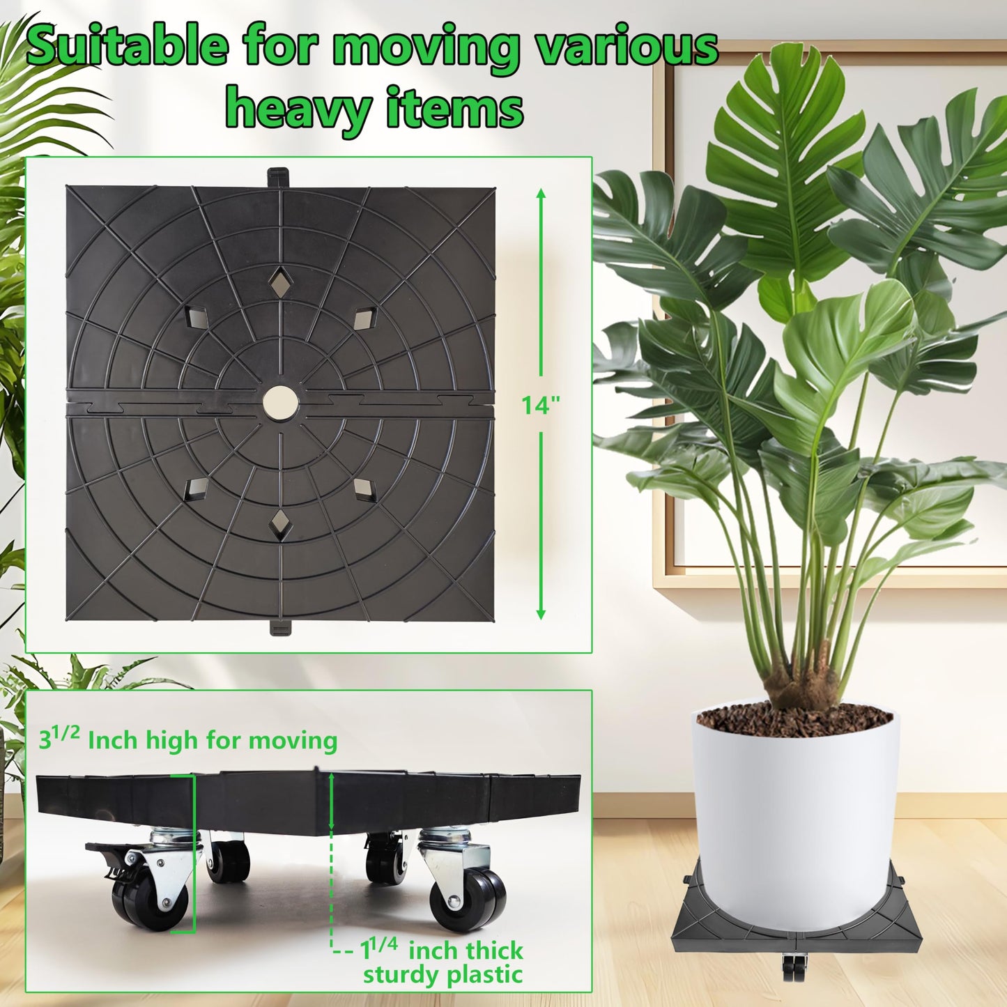 CASIMR Plant Caddy with Wheels 14 Inch Rolling Plant Stand, 400lbs Heavy Duty Planter Dolly Indoor Outdoor, 2 Pack Square Flower Pot Roller Base Rack Holder Plants Cart