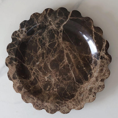 SAIDKOCC Marble Tray Round Scalloped Tray Small Serving Platter for Counter, Bathroom, Kitchen, Nightstand, Jewelry Ring Dish Holder (Coffee Net)
