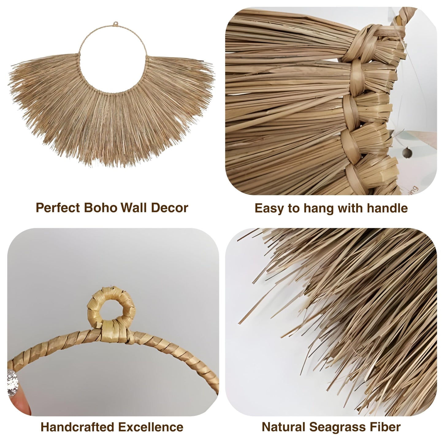 Chicvillage Handwoven Seagrass Wall Basket Set, 3-Piece Wicker Hanging Decor for Bedroom, Handmade Fan-shaped Seagrass Basket for Boho, Farmhouse & Coastal Home Living Room Wall (Sunlight)