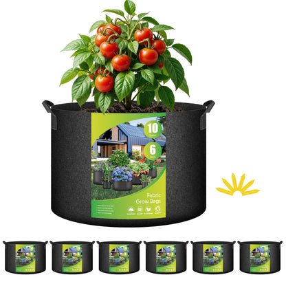 HealSmart 10 Gallon 6 Pack Nonwoven Grow Bags, Aeration Fabric Pots with Handles, Heavy Duty Garden Grow Pots for Tomato Vegetables Flowers, 6 Plant Labels, Black