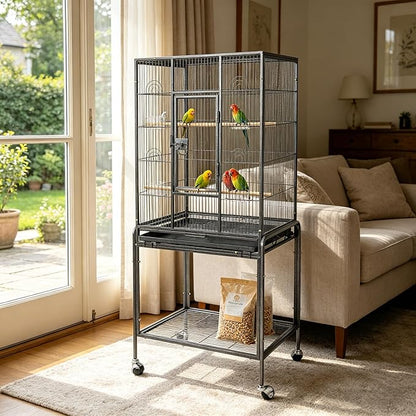 53-Inch Standing Wrought Iron Birdcage Large Parrot Flight Bird Cage with Rolling Stand Birdcages for Cockatiels African Grey Quaker Lovebird Canary Budgie Finch