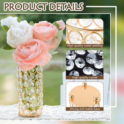 Elegant Crystal Column Vase/Candle Holder, Cylinder Flower Display Tabletop Centerpiece for Weddings & Home Decor (4, Gold)