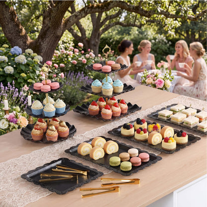 Remerry 16 Pcs Dessert Table Display Set 3 Tier Cupcake Stands Tower Holder Plastic Cookie Serving Trays Gold Serving Tongs for Tea Party Wedding Baby Shower Birthday Table Display(Black)