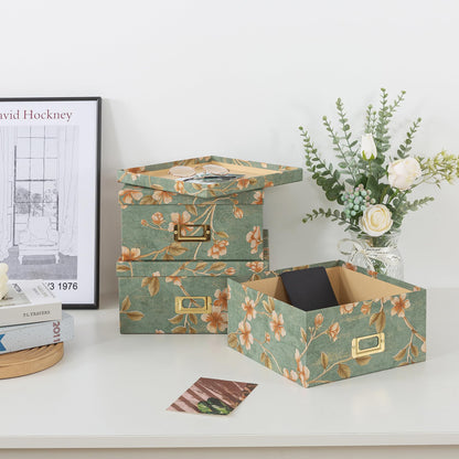 Soul & Lane Decorative Cardboard Storage Boxes - Set of 3 Square Stacking Boxes with Lids and Gold Label Holders, Nesting Photo Storage for Decor and Organizing, Botanical Sage