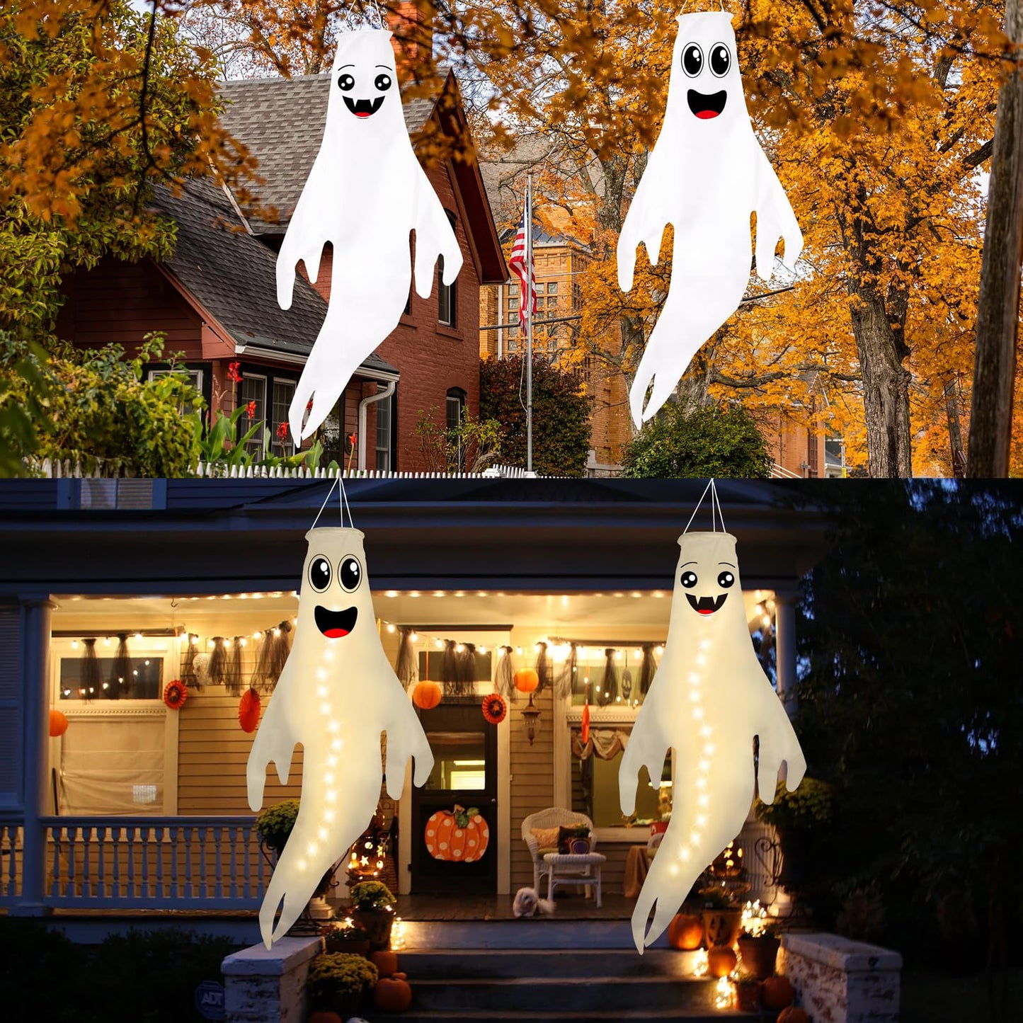 Geefuun 2PCS Warm Halloween CuteGhost Windsocks Hanging Decorations - 43 Inch Flag Wind Socks for Home Yard Outdoor Decor Party Supplies (Batteries Not Included,No Timer)
