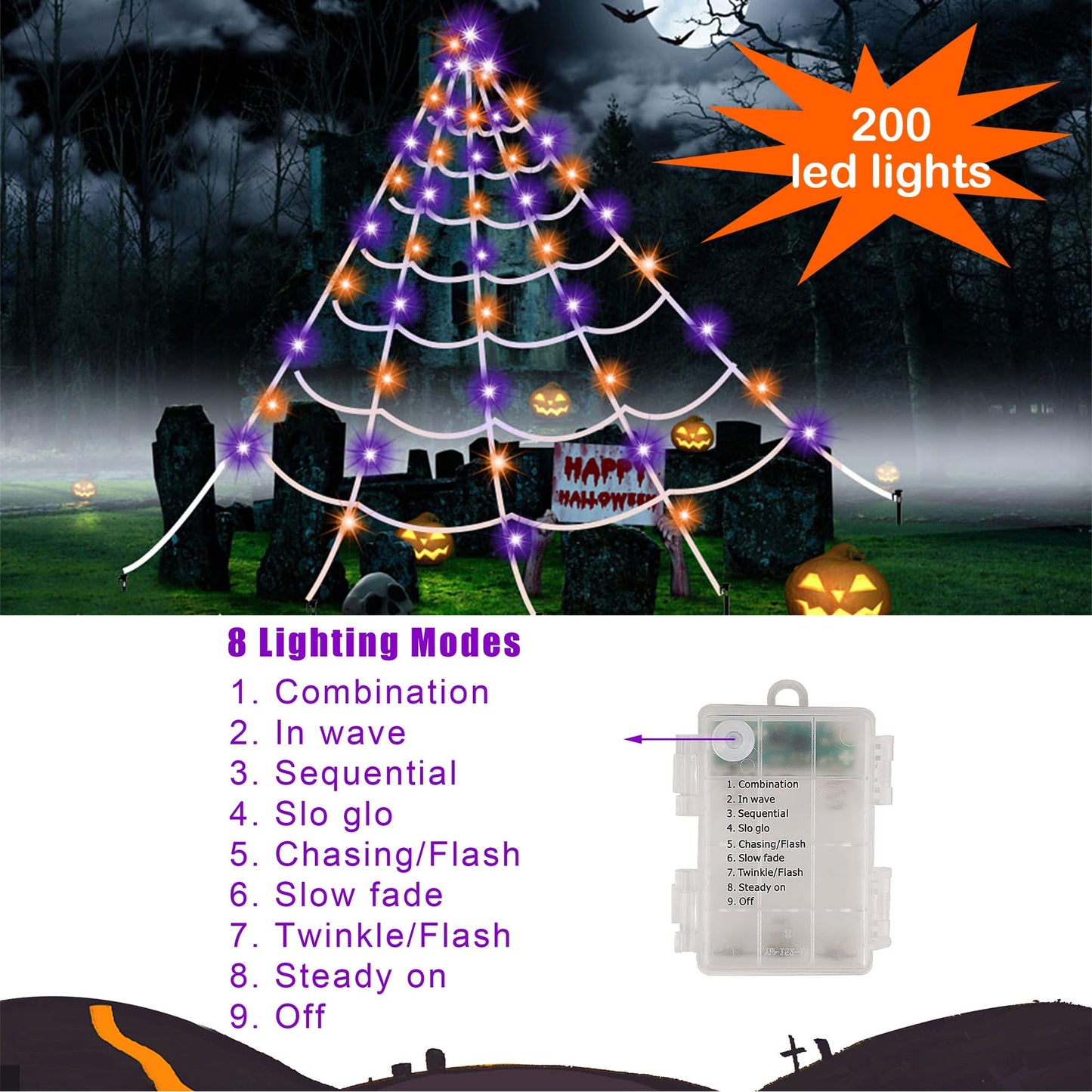 Joliyoou Halloween Decorations Outdoor, 200 LED Giant Spider Web Lights, 19.7ft x 16.4ft Spiderweb with Orange and Purple Lights, 8 Modes Remote Controlled Cobweb for Spooky Party Decor