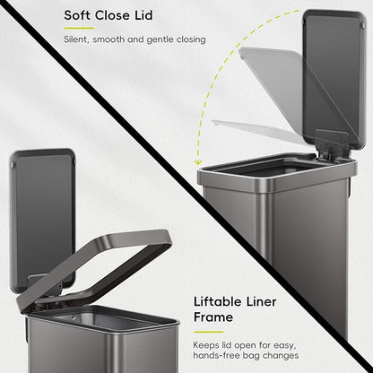 EKO Hudson Slim Trash Can with Lid, 13 Gal Stainless Steel, Gunmetal Gray | Kitchen, step pedal, soft close lid, stay-open frame, secure liner ring, rear handle