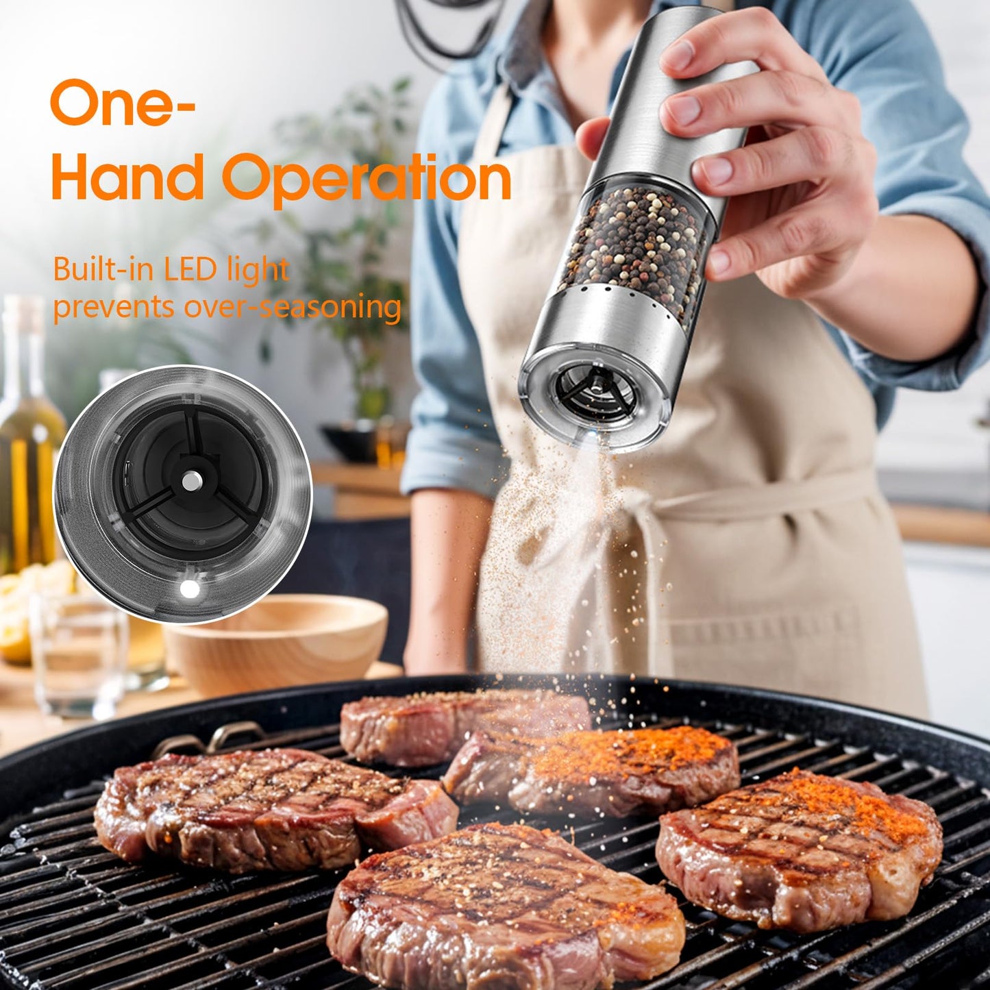 WOWBOX Electric Salt and Pepper Grinder Set 2 PCS, Stainless Steel Automatic Coarseness, Rechargeable Salt and Pepper Shakers, 95 L Large Capacity Multifunctional Pepper Mill, for Kitchen