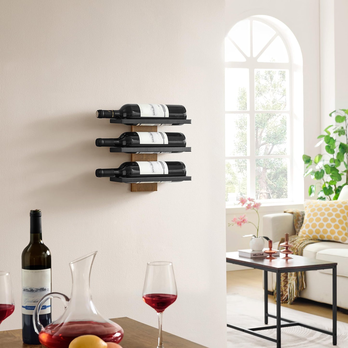 Hoctieon 3-Tier Wall Mount Wine Rack, Wall Mounted Wine Bottle Racks for Display and Storage, Hanging Bottle Holder, for Living Room, Dining Room, Bar, Wine Cellar, Rustic Brown