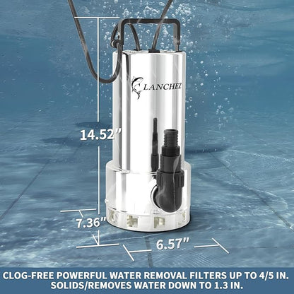 LANCHEZ 1.6HP 6000GPH Sump Pump, Stainless Steel High Flow Submersible Water Pump with Float Switch, Automatic Transfer Water Pump for Swimming Pool Basement Flooded Pit Sewage Sink Tub, Silver