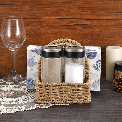 Sumnacon Wicker Napkin Holders with Salt and Pepper Shakers Caddy, Standing Napkin Dispenser with Condiment Tray, Farmhouse Upright Napkin Basket for Kitchen Dining Table Centerpiece (No Shakers)