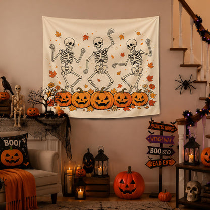 YTRG Fall Halloween Skeleton Tapestry, Gothic Halloween Tapestries Wall Hanging for Bedroom, Funny Dancing Skeleton Fall Pumpkin Tapestry Wall Decor Backdrop for Living Room Home, 50x60 Inch