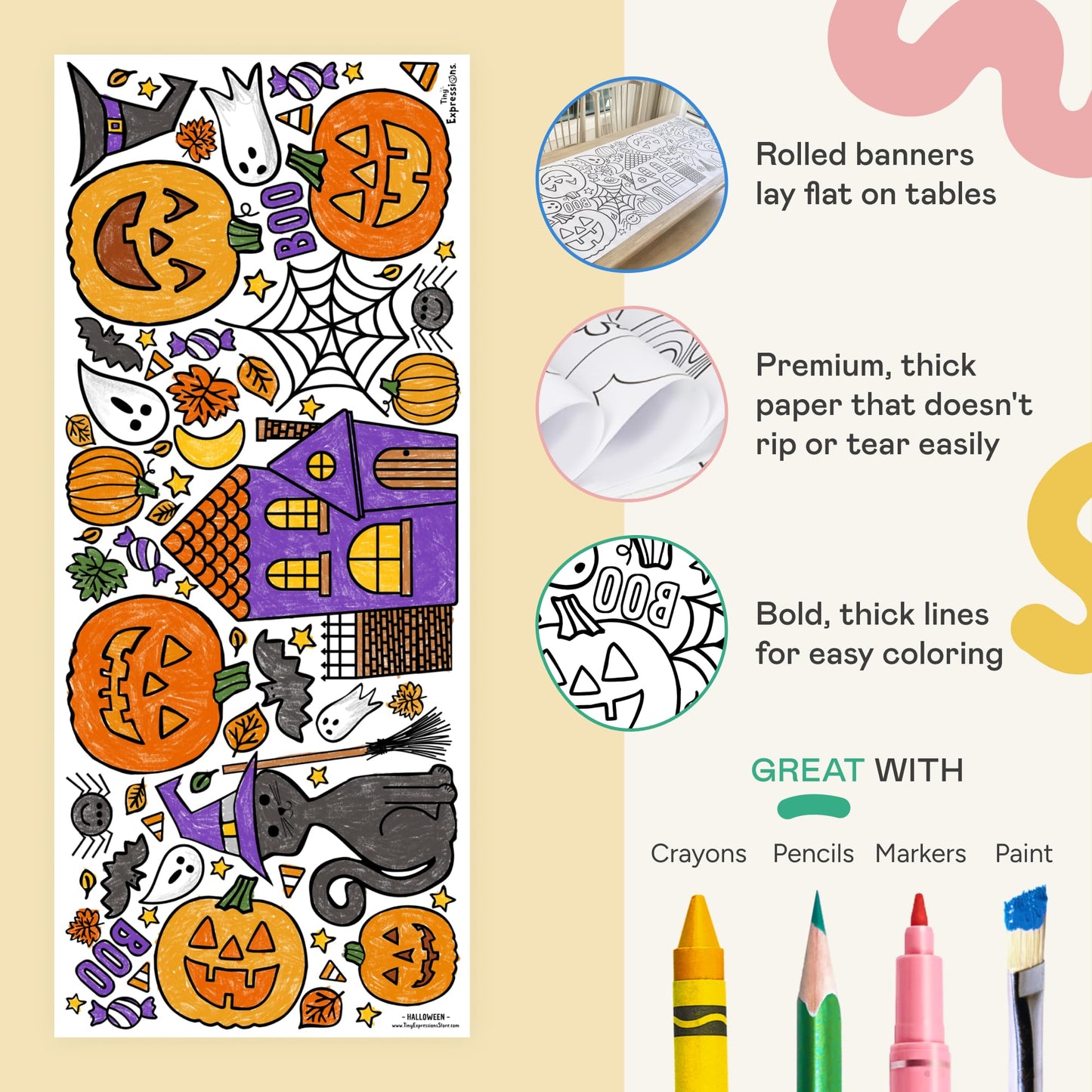 Tiny Expressions Halloween Coloring Tablecloth - Rolled, No Creases 30" x 72" Giant Coloring Poster to Color On - Halloween Activities