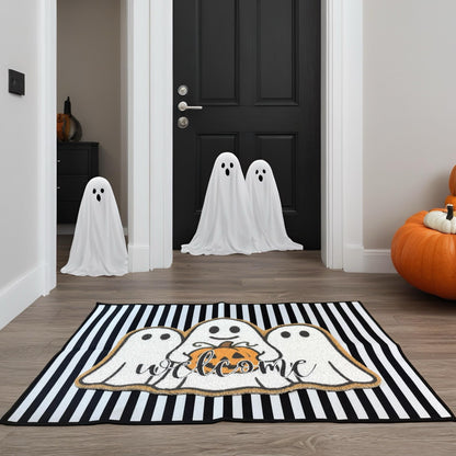 2 Pcs Halloween Welcome Door Mats, Ghost Outdoor Polypropylene Coir Mat with White Ghosts & Pumpkin, Black White Stripe Crystal Velvet Non-Slip Rug for Front Porch Entryway