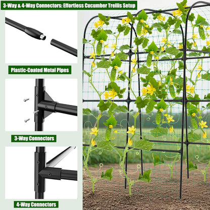 7.3FT Cucumber Trellis for Raised Bed, Garden Arch Trellis with Net, Rustproof Metal Plant Support for Climbing Plants Outdoor, Tomato Zucchini Squash Bean Pea Melon Vine, Rose Flower Garden Arbor
