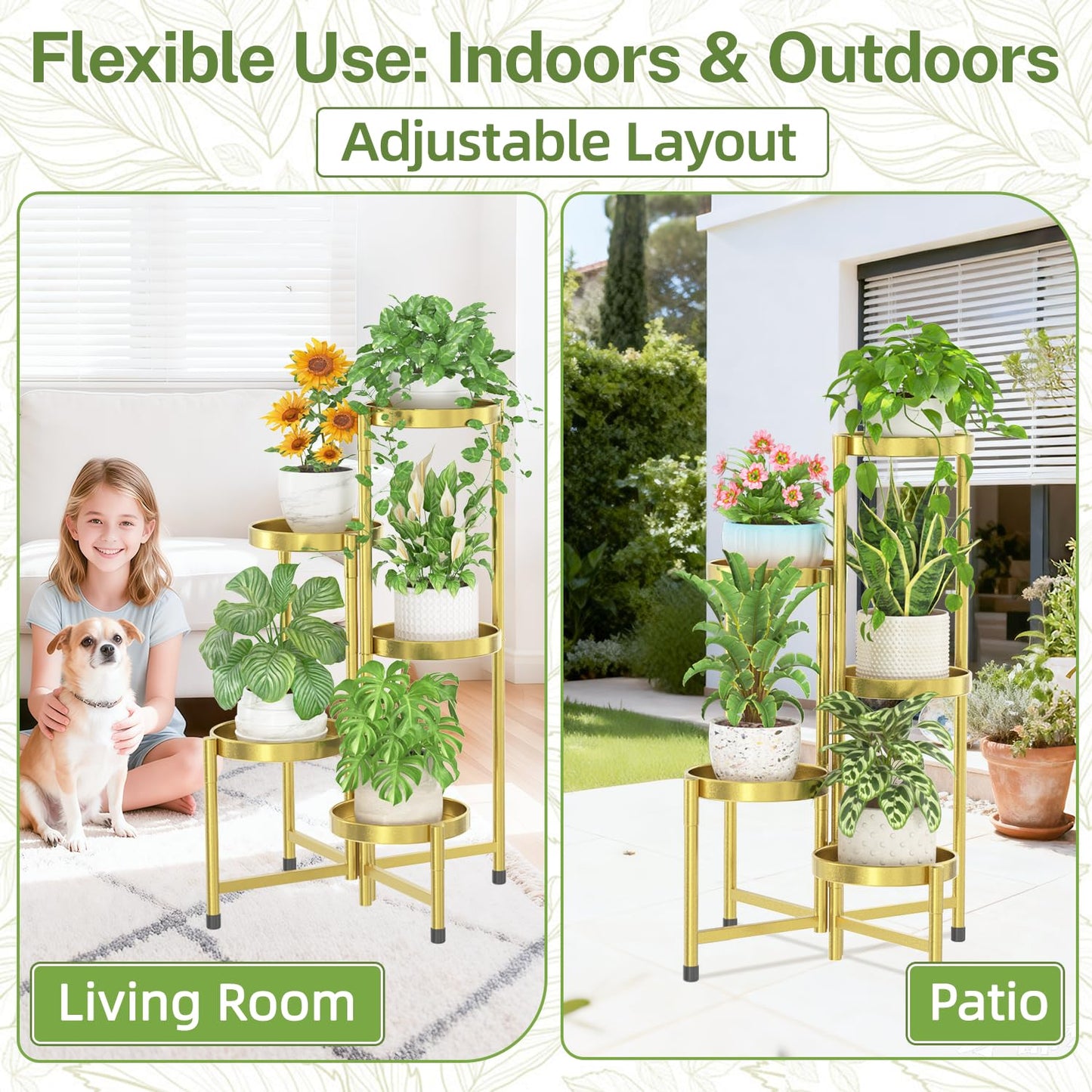 iDavosic.ly Plant Stand Indoor Outdoor, 5 Tier Corner Metal Flower Display Holder Shelf, Folding Tall Orchid Rack for Patio Balcony Porch Garden Living Room House, Gold