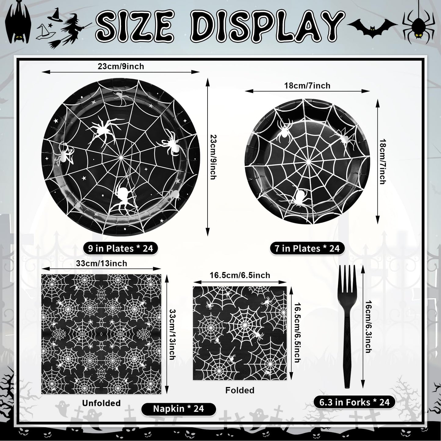 96 Pieces Halloween Spider Web Tableware Set Party Supplies – Disposable Plates, Napkins, and Forks, Black and White Spider Design for Halloween Haunted House Trick or Treat Event, Serves 24 Guests