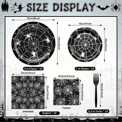 96 Pieces Halloween Spider Web Tableware Set Party Supplies – Disposable Plates, Napkins, and Forks, Black and White Spider Design for Halloween Haunted House Trick or Treat Event, Serves 24 Guests