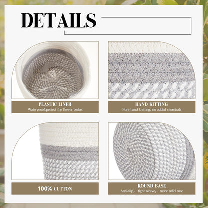 FoldTier 3 Pcs Cotton Rope Plant Basket with Plastic Liner Rustic Plant Basket Planters Modern Woven Decorative Pots for Home Flower Indoor Storage Decor, 7.5 x 6.5 Inches(White, Gray)