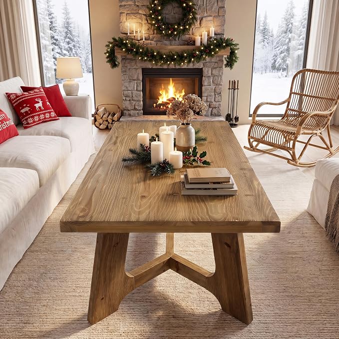 Solid Wood Coffee Table, 47-Inch Rectangle Coffee Table for Living Room, Farmhouse Accent Low Tea Tables for Home, Office, Brown