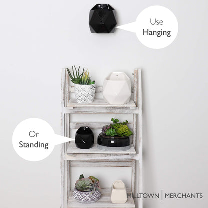 Milltown Merchants Succulent Wall Planters - Wall Vases - White Ceramic Wall Mounted Planters - Succulent Plant Pots - Hanging Vases for Living Wall (2 Pack/Geometric/Black)
