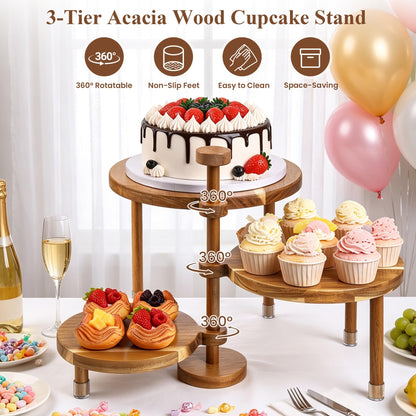 LOVYANXUE Acacia Wooden Cupcake Stand, 3 Tier Round Cake Stand 360° Rotatable Cupcake Tower with Tiered Serving Tray, Wood Dessert Table Display Set, Tiered Tray Stand for Party, Wedding (12/10/8 IN)