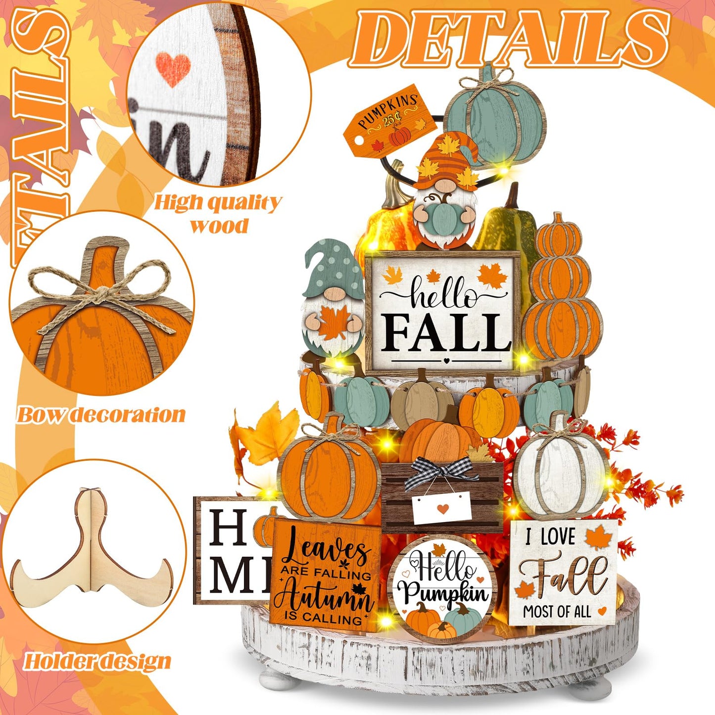 FairySandy 21 Pcs Fall Tiered Tray Decoration Set Fall Table Sign Pumpkins Farmhouse Decor Gnome Maple Leaves Centerpieces Thanksgiving Harvest Wood Decorative Blocks Tabletop Sign for Autumn(Pumpkin)
