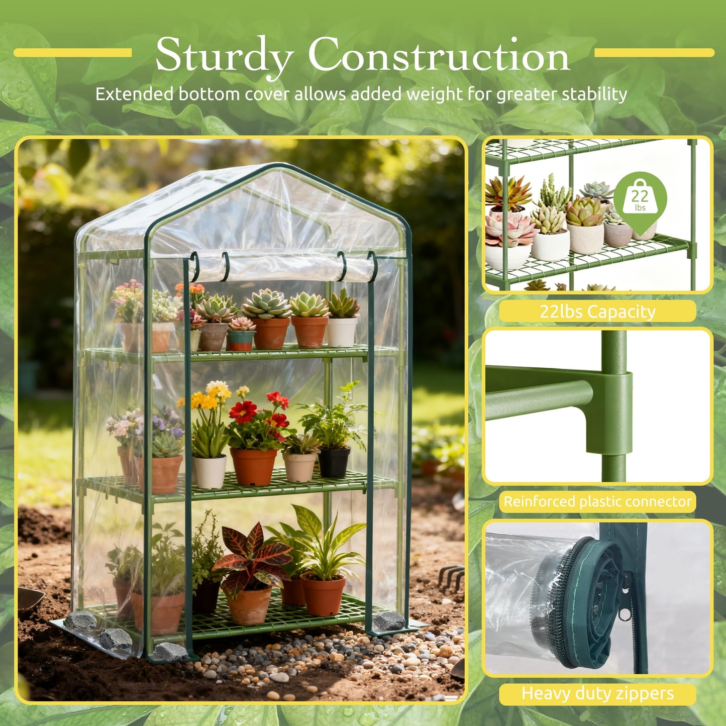 OnlyGarden Mini Greenhouse for Outdoor Indoor, 3 Tier Shelves Small Green House for Winter, Portable Greenhouses with PE-Coated Metal Frame Heavy Duty PVC Cover, Plant Rack Stand House 2.3x1.6x4.2ft