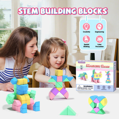 Hiwawind 40Pcs Magnetic Blocks, 1-Inch Pastel Rainbow Magnetic Cubes (Triangles & Quarter Circles), Montessori Sensory Autism Toys for Boys & Girls, Ideal for Kids Ages 3+