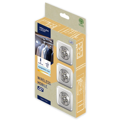 Müller-Licht 400136 LED Battery Pressure Light Set of 3 Including Adhesive Pad and 3 AAA Batteries 0.5 Watt Plastic Silver 6.8 x 6.8 x 2.5 cm