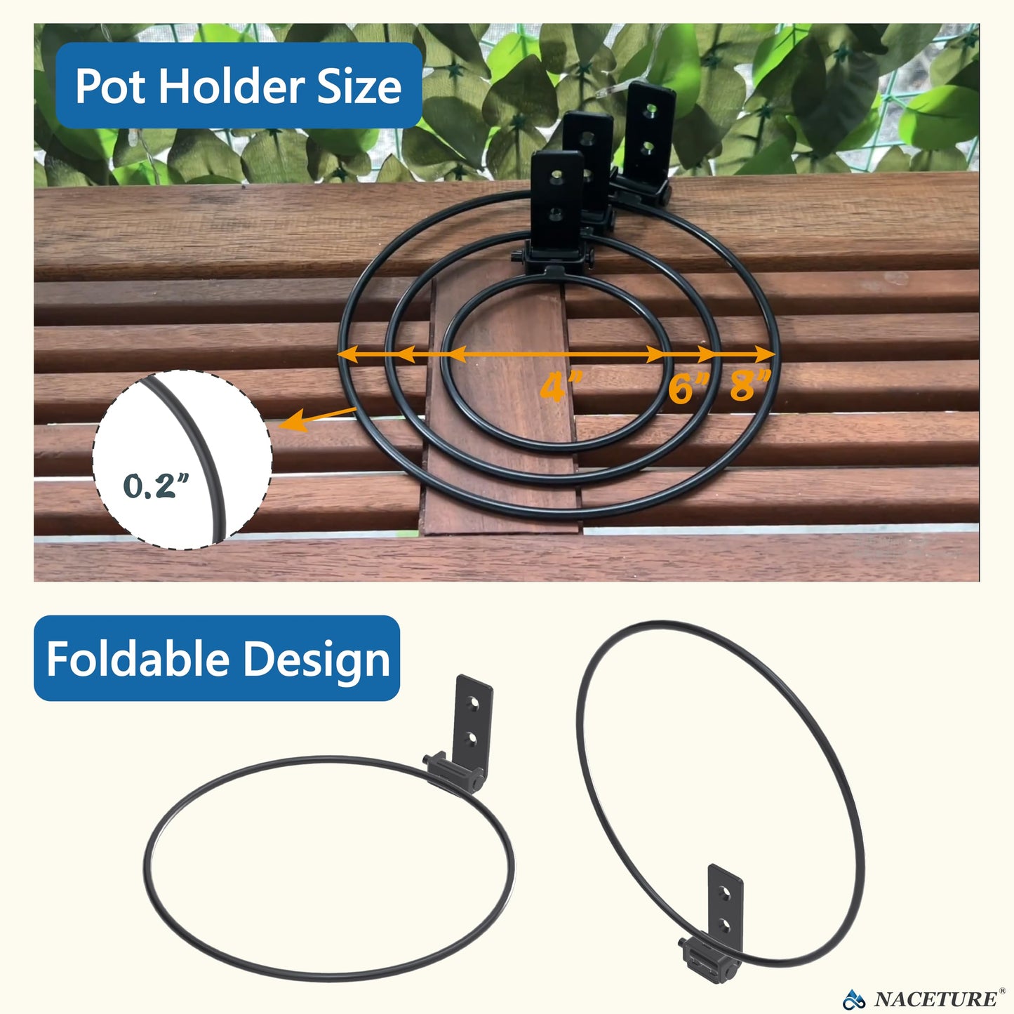 NACETURE Flower Pot Holder Ring for Wall Mount Foldable – Heavy Duty Round Metal Planter Hooks Hangers - Fence Pot Plant Holders Hanging Bracket for Outdoor Indoor (6 Inch 3 Pack)