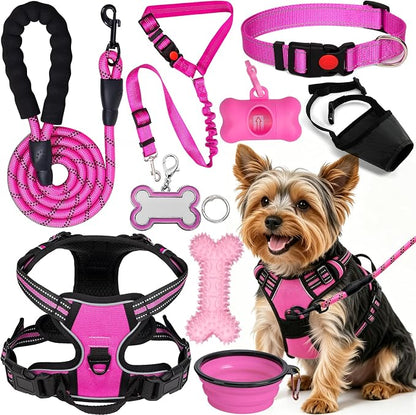 No Pull Dog Harness Adjustable Collar & Leash Set - Dog Halter Harnesses Collapsible Bowls & Poop Bag Dispenser Muzzle ID Tags Toys Fits Small Medium Large Dogs (Pink-S)