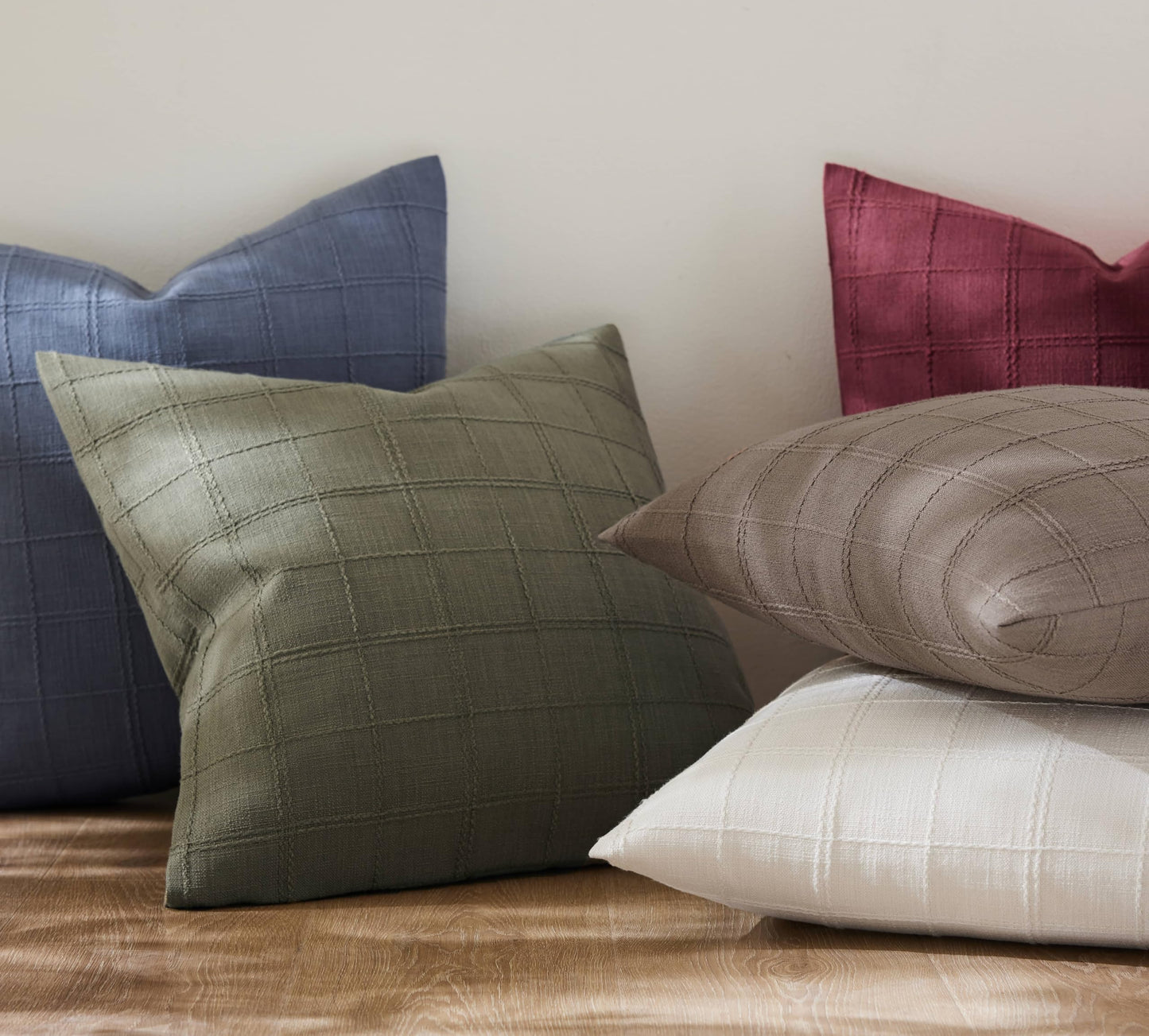 ZeeMart Linen Checked Lumbar Throw Pillow Covers Set of 2, 12x20 Inch Allover Grid Burgundy, Farmhouse Decorative Double Sided Grid Embroidered Couch Pillow Cases Red Cotton Linen Cushion Covers