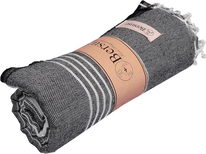 Bersuse Towels Anatolia XL Beach Blanket Throw Blanket Turkish Towel 100% Cotton Extra-Large Quick-Dry Lightweight Premium Peshtemal Towel - 61x82 Inches, Black (Set of 6)