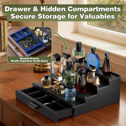 TIRYIUOU Perfume Cologne Organizer for Men: 4 Tier Wooden Perfumes Stand, Desktop Parfum Holder Wood Display Shelf with Cabinet, Bedroom Dresser Makeup Lotion Jewelry Storage Rack with Drawer