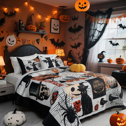 EVENHUG Halloween Theme King Size Quilt Bedding Set with 3 Pillow Shams Lightweight Soft Bedspread Coverlet Halloween Holiday Bed Cover for Bedroom Home Decoration (4 Pieces)