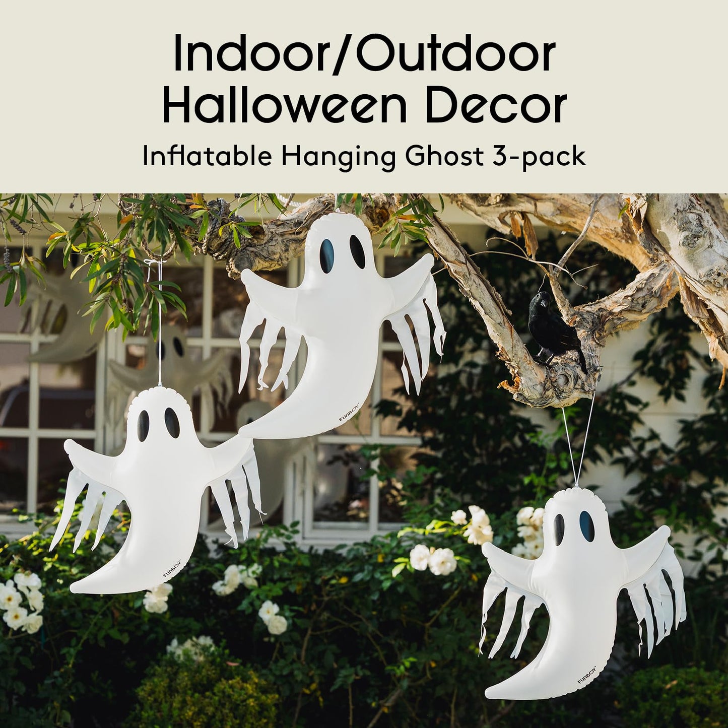 FUNBOY Hanging Ghost Halloween Décor (3 Pack) – Includes Suction Cups & Hangers, Indoor/Outdoor Spooky Decorations
