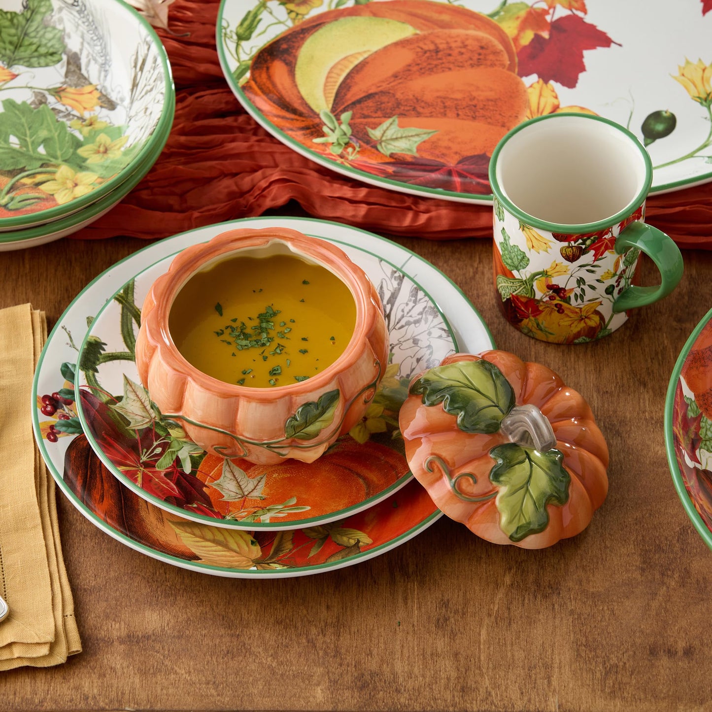 Harvest Fields 3D Pumpkin Soup Bowls with Lids, Set of 2, Ceramic Covered Bowls for Fall Thanksgiving Decor, Autumn Tabletop Serveware, Holiday Kitchen Gift, Microwave Dishwasher Safe