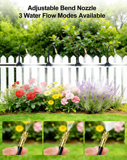Upgraded 5/16" Drip Irrigation Kit (100FT), High-Flow Garden Watering System with 16 Bendable 360° Brass Misting Nozzles, Quick-Push Connectors & Leak-Proof Design for Patio, Greenhouse & Flower Beds