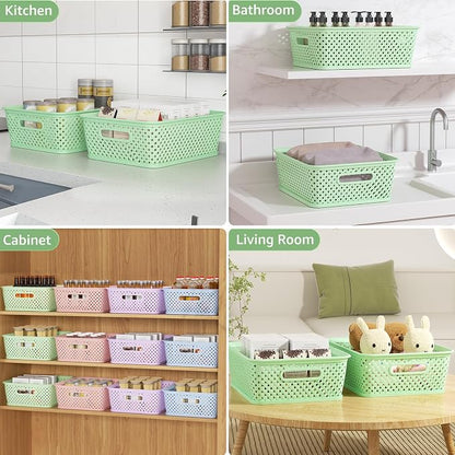 MaxGear 3 Pack Plastic Storage Baskets, Large, Green | Durable Woven Plastic with Built-In Handles, Suitable for Shelves, Closets, Cabinets, Bathrooms and Offices