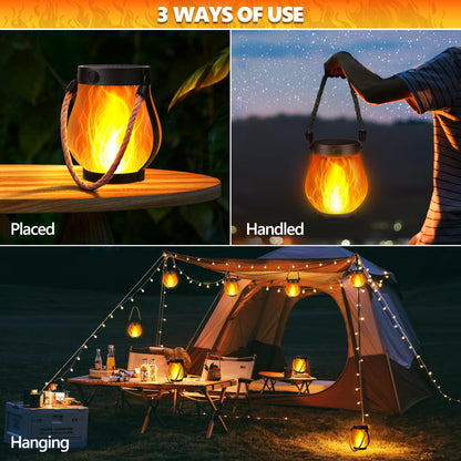 iBaycon 2 Pack Gen2 Solar Lanterns Lights, Ultra-Real Flame Garden Lights with Dual Charging USB & Solar, 2 Modes Outdoor Waterproof Hanging Lantern for Yard Home Brithday Gifts (Warm White)