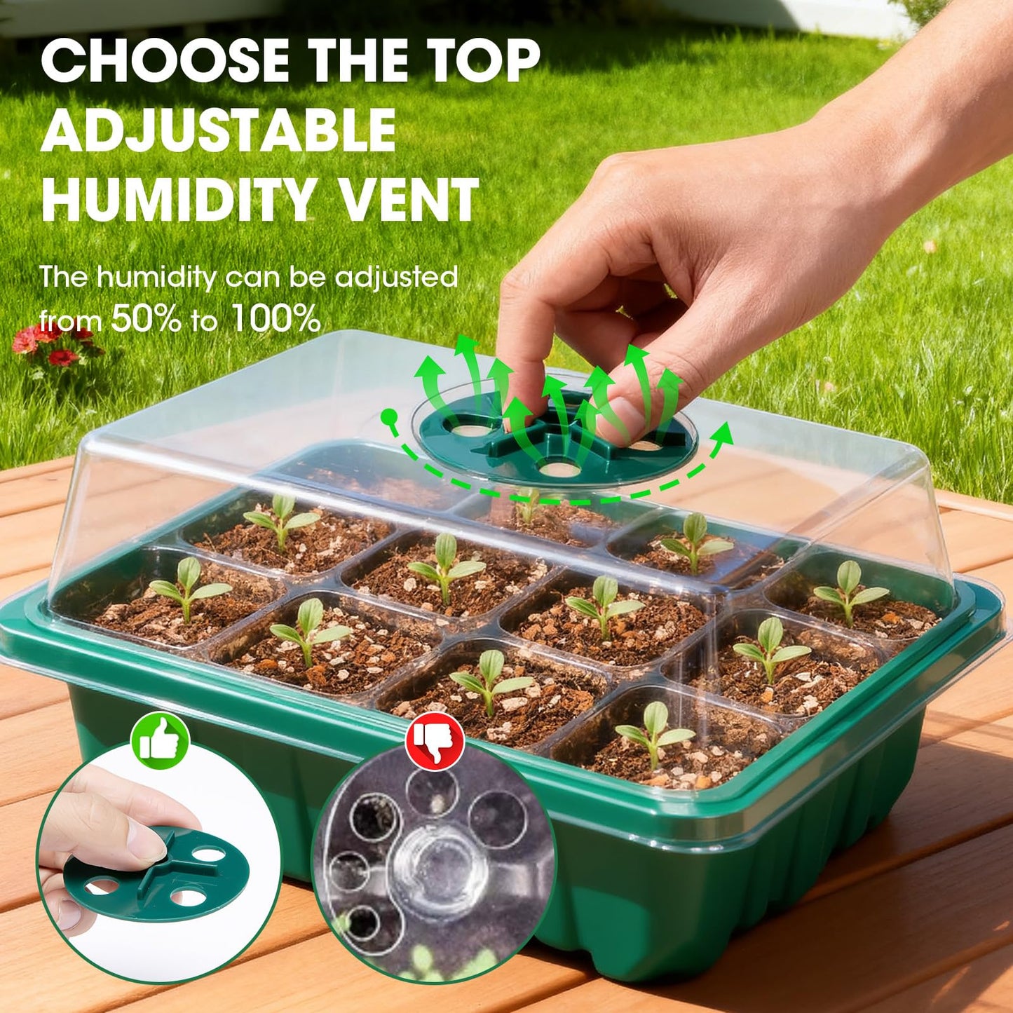PlantaPulse 5 Packs Seed Starter Tray with Humidity Dome, Seed Starter Kit with Transparent Drain Hole Base Indoor Greenhouse Mini Propagator for Seeds Growing Starting(60 Cell Trays, Green)