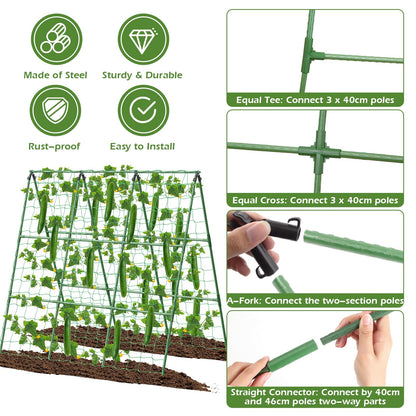 Cucumber Trellis for Raised Beds, 45 x 53 Inch Adjustable Size A-Frame Garden Trellis for Climbing Plant Outdoors with Climbing Net and Plant Support Clip for Vegetable Grape Tomato Bean Pea