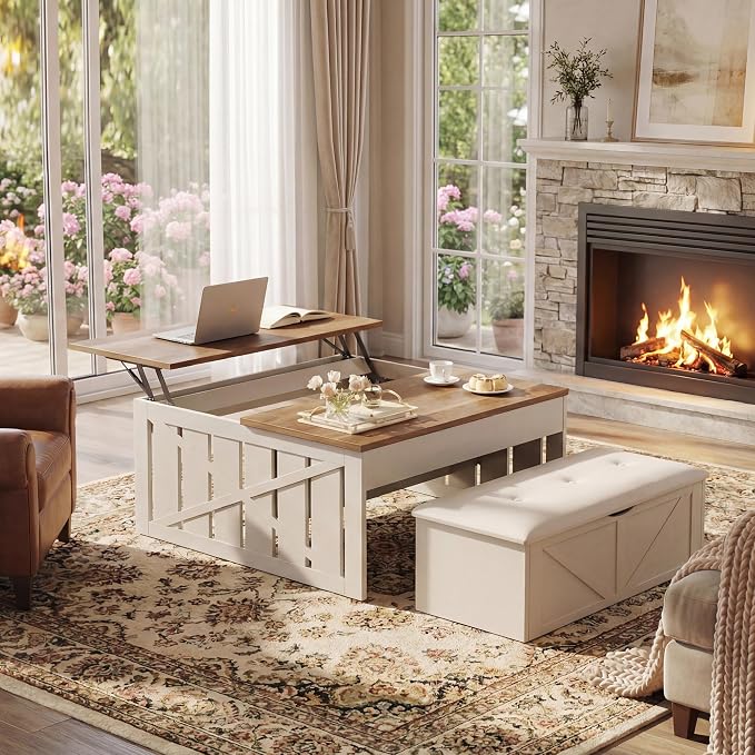 HUAHUU Lift Top Coffee Table with Storage Hidden Compartment, 31.5" Farmhouse Coffee Tables with Ottoman Bench, Center Table with Wooden Lift Tabletop for Living Room, White