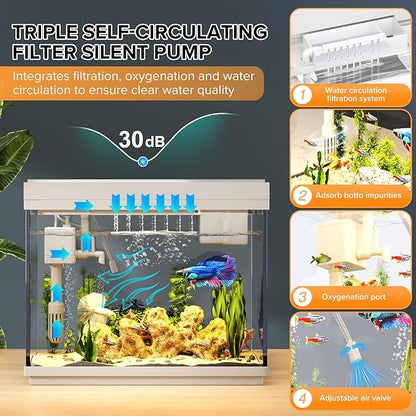 Vehipa Aquarium, 2.4 Gallon Betta Fish Tank with Heater, Humidifier 3 in 1 Pump - Filteration & Oxygenation & Circulation, Temperature Display, HD Glass, Timed 7-Color Lights