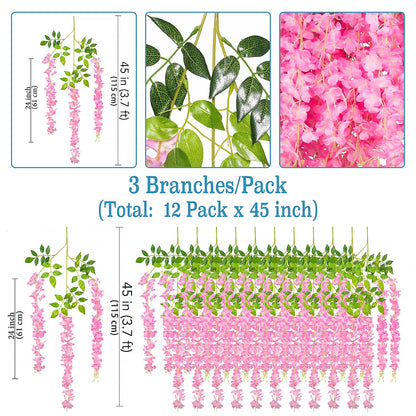 GPARK 12 Pieces/Each 45 inch / 3.7 ft Wisteria Artificial Flower Bushy Silk Vine Ratta Hanging Garland Hanging for Wedding Party Garden Outdoor Greenery Office Wall Decoration Pink
