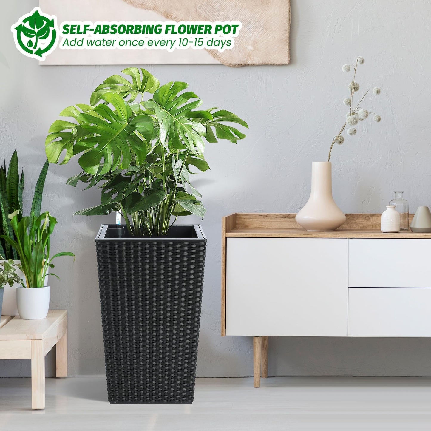 Tall Wicker Planter with Insert Set of 2-Self Watering Large Tall Rattan Planter Pots for Indoor and Outdoor 22.5 Inch,Wicker Flower Pots for Front Door,Porch and Patio in White/Black/Brown